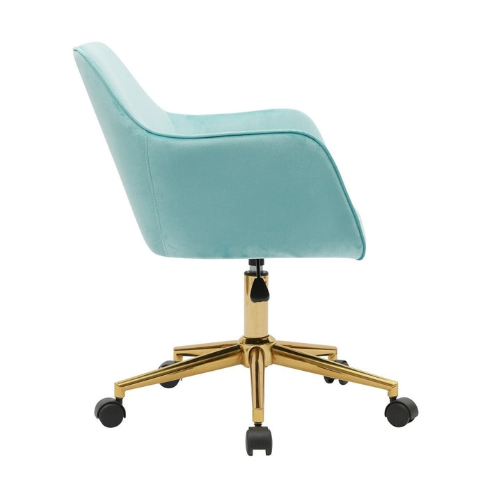 Modern Velvet Adjustable Height 360 Revolving Home Office Chair Aqua Light Blue Gold Metal Legs Universal Wheels Image 12