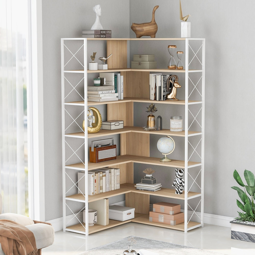 7-Tier L-Shaped Corner Bookcase, Industrial Style Metal Frame Shelf, Open Storage Bookshelf for Home Office, MDF Board Image 2