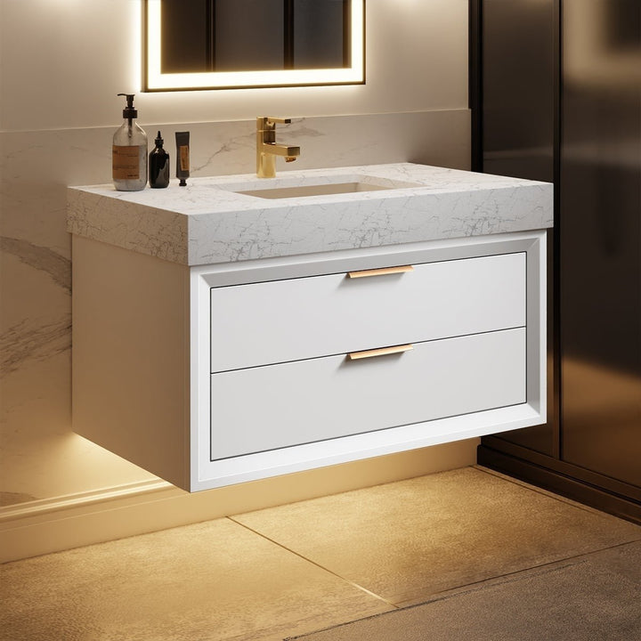 Glam 36" Modern Floating White Rubberwood Bathroom Vanity Cabinet with Lights and Stone Slab Countertop, Single Sinks Image 1