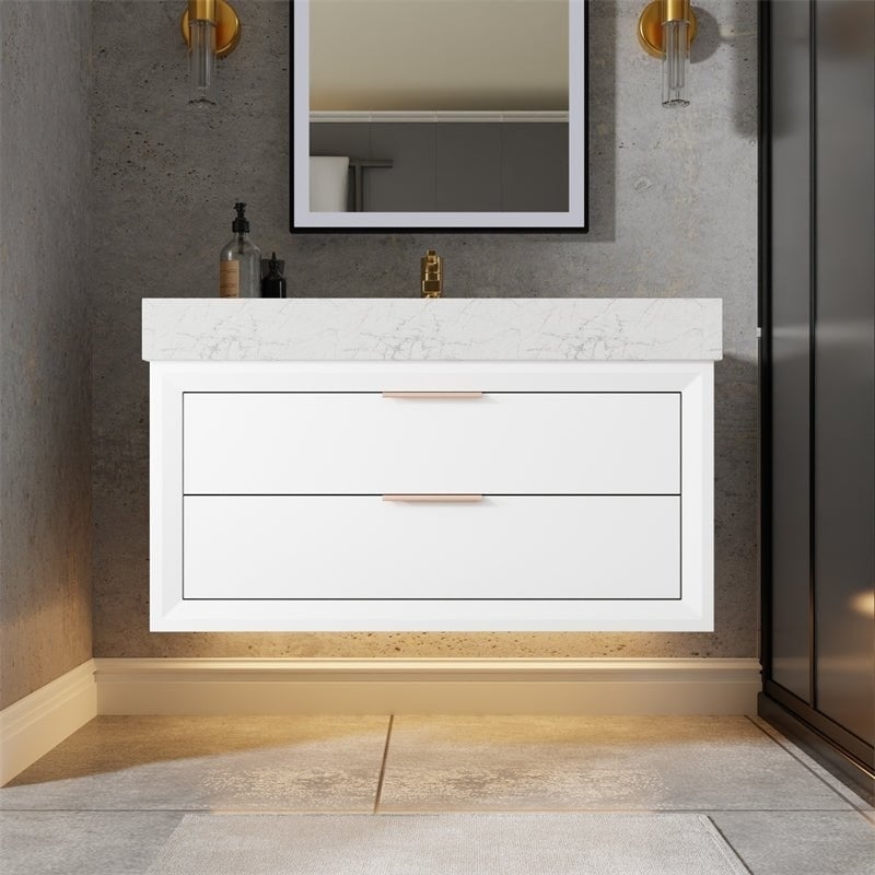 Glam 36" Modern Floating White Rubberwood Bathroom Vanity Cabinet with Lights and Stone Slab Countertop, Single Sinks Image 2