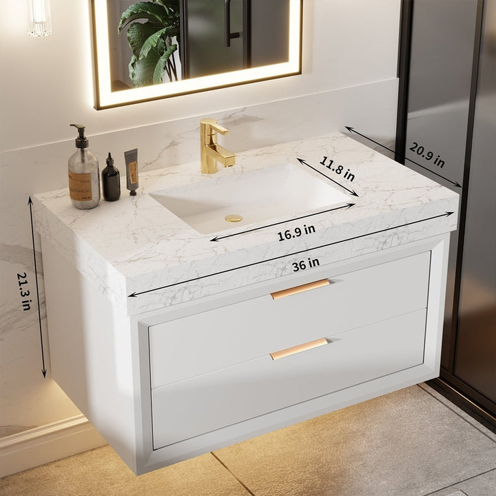 Glam 36" Modern Floating White Rubberwood Bathroom Vanity Cabinet with Lights and Stone Slab Countertop, Single Sinks Image 5