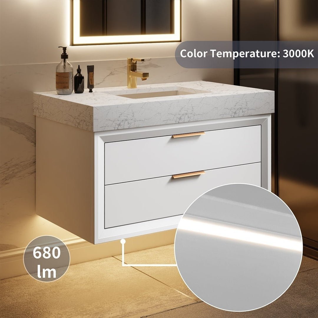 Glam 36" Modern Floating White Rubberwood Bathroom Vanity Cabinet with Lights and Stone Slab Countertop, Single Sinks Image 11