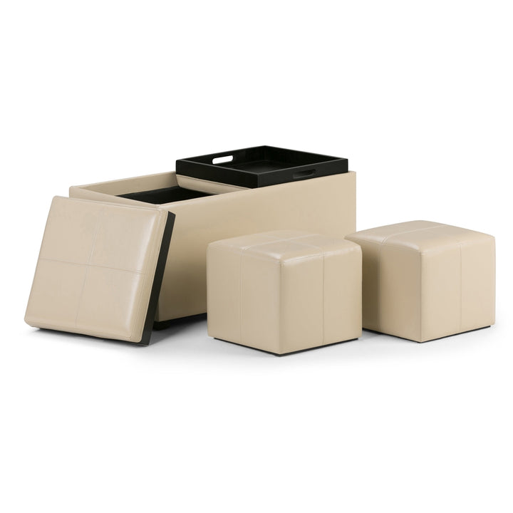 Avalon 5 Pc Vegan Leather Storage Ottoman with Serving Trays and Small Ottomans Image 12