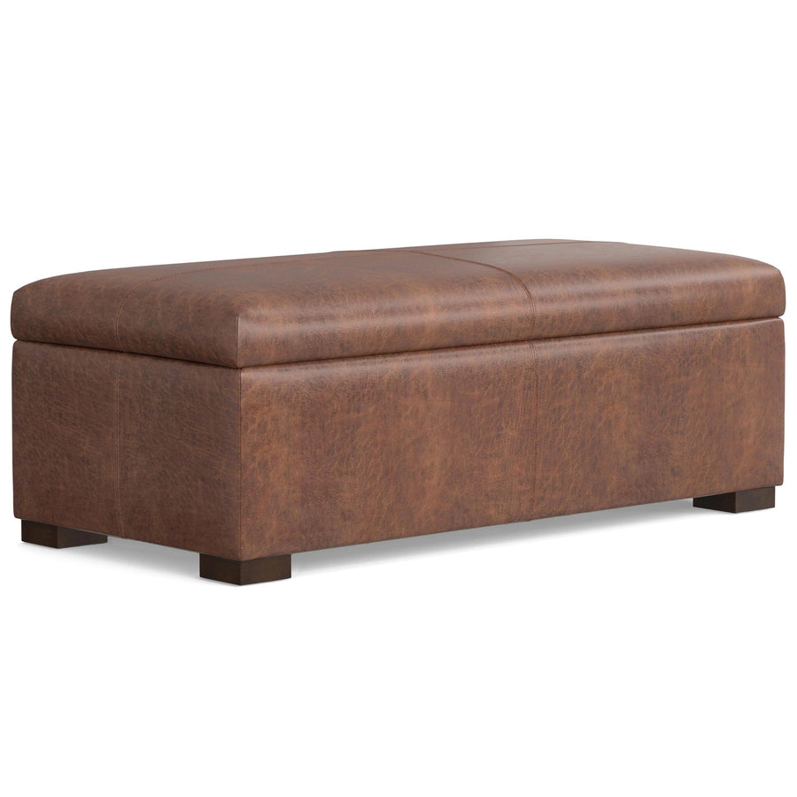 Gabbie Rectangular Storage Ottoman Vegan Leather Distressed Brown Large Compartment Image 1