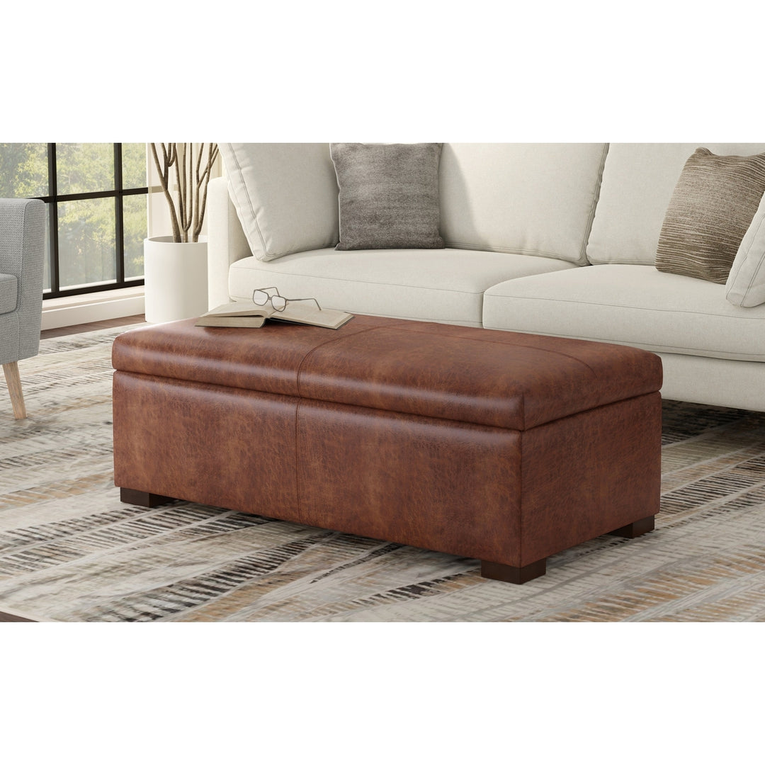 Gabbie Rectangular Storage Ottoman Vegan Leather Distressed Brown Large Compartment Image 4