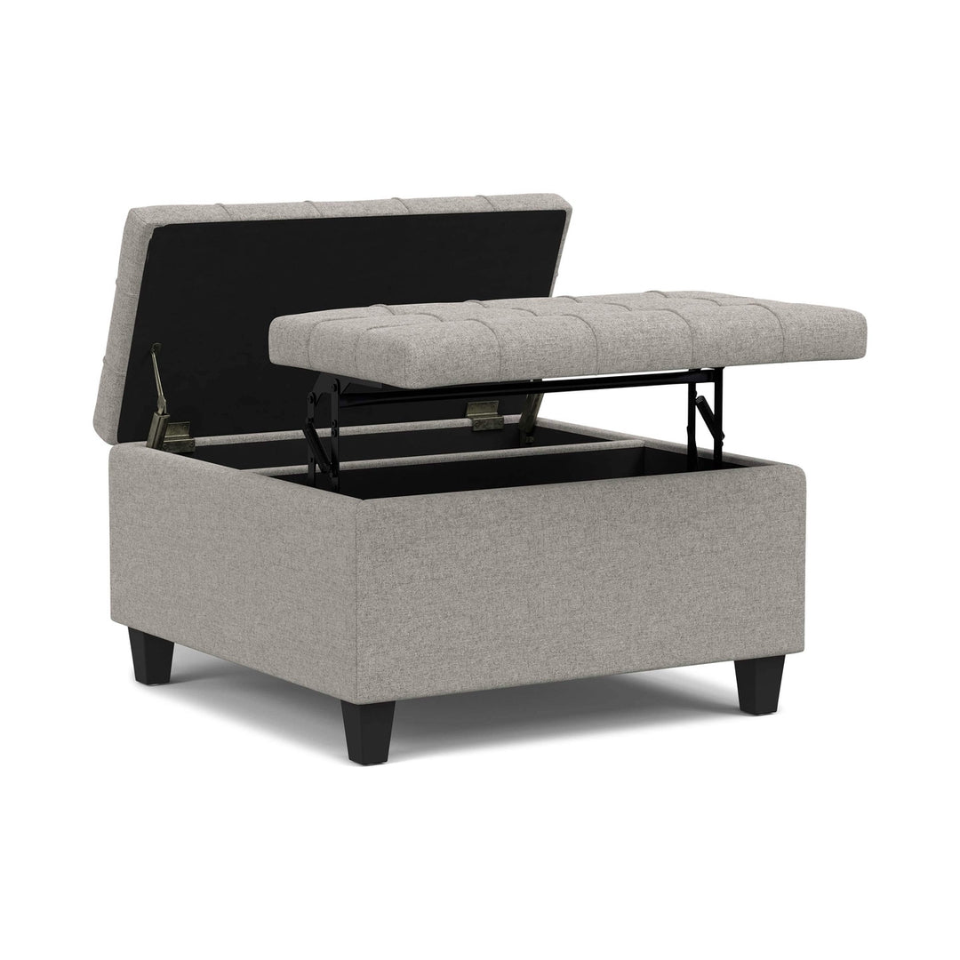 Harrison Small Square Coffee Table Ottoman Storage Linen Tufted Upholstered Image 2