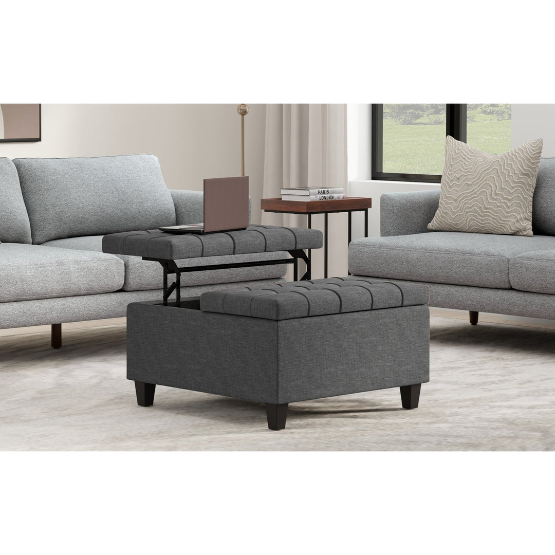 Harrison Small Square Coffee Table Ottoman Storage Linen Tufted Upholstered Image 3