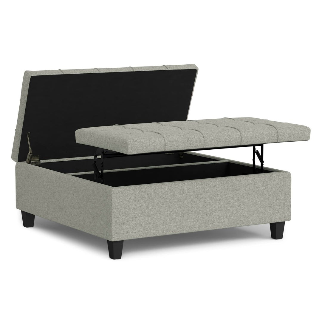 Harrison Large Square Coffee Table Storage Ottoman Linen Tufted Lift Top Modern Image 2