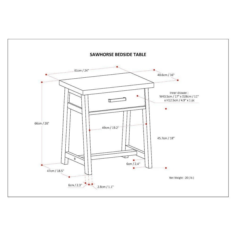 Simpli Home Sawhorse Night Stand Solid Wood Industrial Style 1 Drawer Table 16x24x26 Image 12