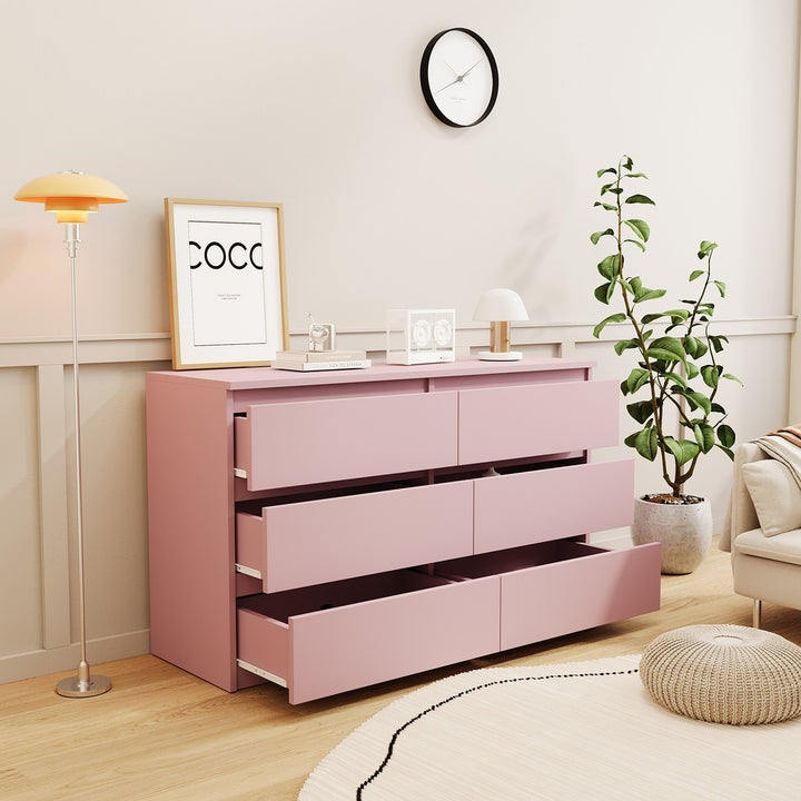 Hommoo Modern Mid Century 6 Drawer Wide Dressers Chests for Bedroom, Chest of Drawer Organizer Pink Image 1