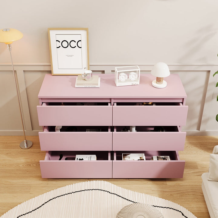 Hommoo Modern Mid Century 6 Drawer Wide Dressers Chests for Bedroom, Chest of Drawer Organizer Pink Image 2