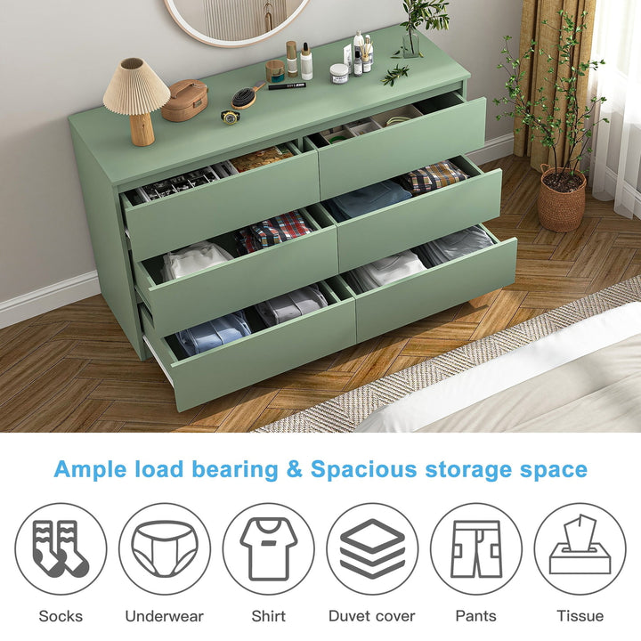 Hommoo Modern Mid Century 6 Drawer Wide Dressers Chests for Bedroom, Chest of Drawer Organizer Green Image 1