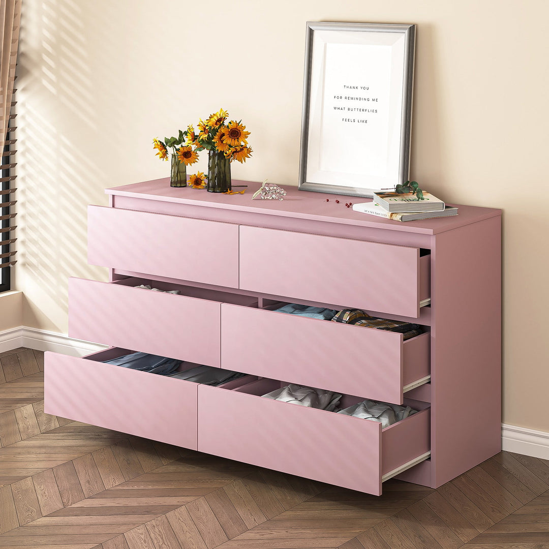 Hommoo Modern Mid Century 6 Drawer Wide Dressers Chests for Bedroom, Chest of Drawer Organizer Pink Image 3