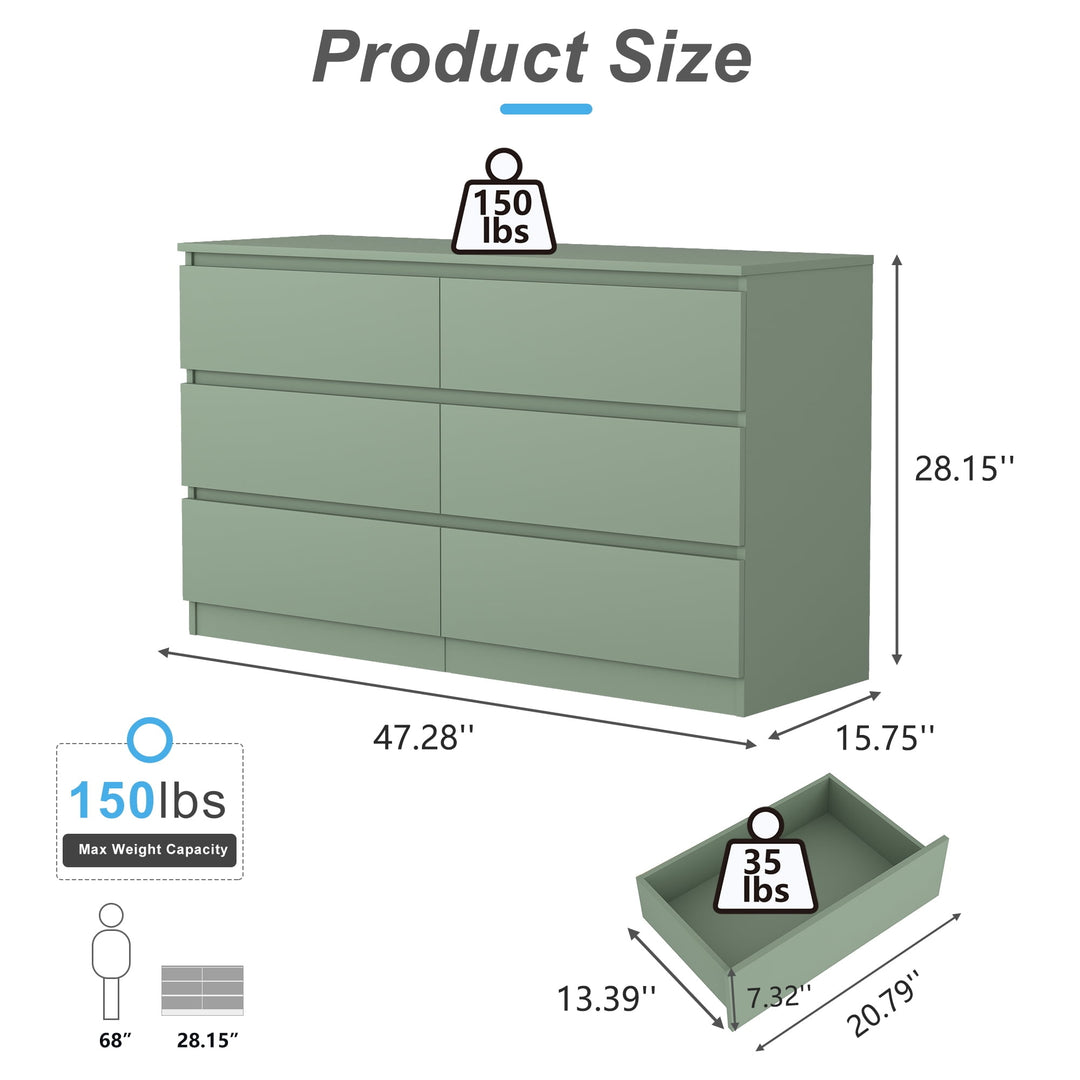 Hommoo Modern Mid Century 6 Drawer Wide Dressers Chests for Bedroom, Chest of Drawer Organizer Green Image 3