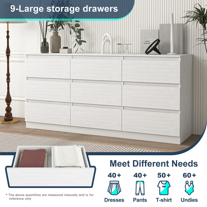 Hommoo 9 Drawer Wide Dressers for Bedroom, Modern Chest of Drawer Organizer, White Image 4