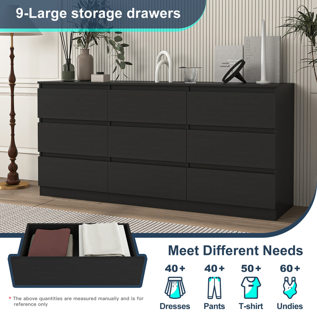 Hommoo 9 Drawer Wide Dressers for Bedroom, Modern Chest of Drawer Organizer, Black Image 6