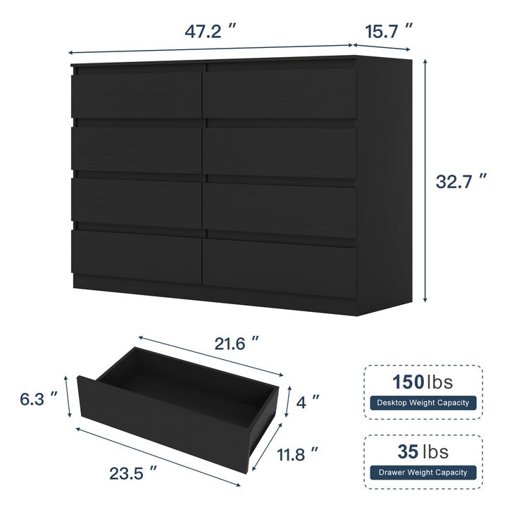 Hommoo 8 Drawer Wide Dressers for Bedroom, Modern Chest of Drawer Organizer, Black Image 7