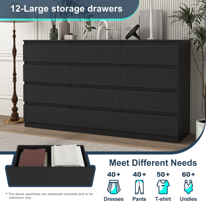 Hommoo 12 Drawer Wide Dressers for Bedroom, Modern Chest of Drawer Organizer, Black Image 4