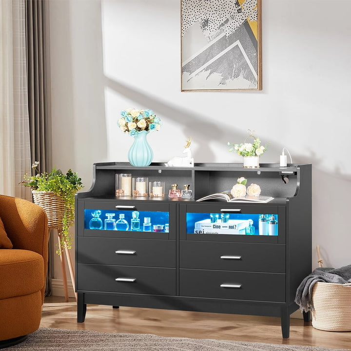 LED Light 6 Drawer Dresser Chest with Power OutletandClear Glass Drawer in Black Image 1