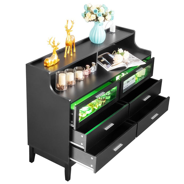 LED Light 6 Drawer Dresser Chest with Power OutletandClear Glass Drawer in Black Image 2