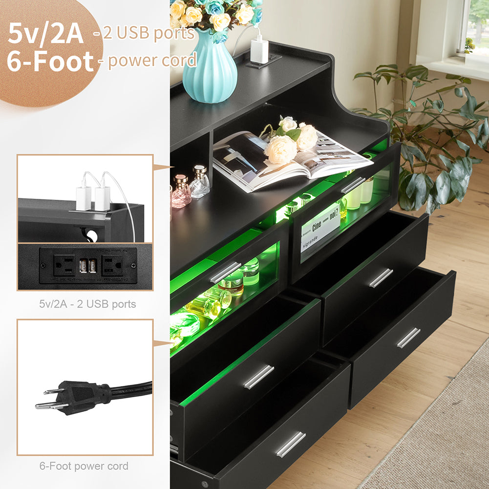 LED Light 6 Drawer Dresser Chest with Power OutletandClear Glass Drawer in Black Image 3