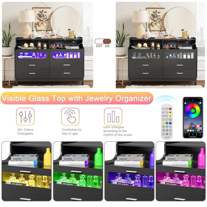 LED Light 6 Drawer Dresser Chest with Power OutletandClear Glass Drawer in Black Image 4