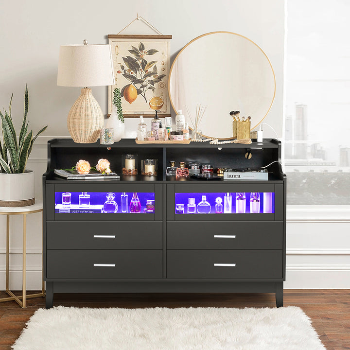 LED Light 6 Drawer Dresser Chest with Power OutletandClear Glass Drawer in Black Image 5