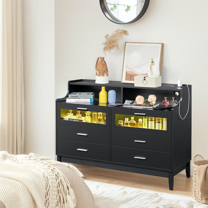 LED Light 6 Drawer Dresser Chest with Power OutletandClear Glass Drawer in Black Image 6