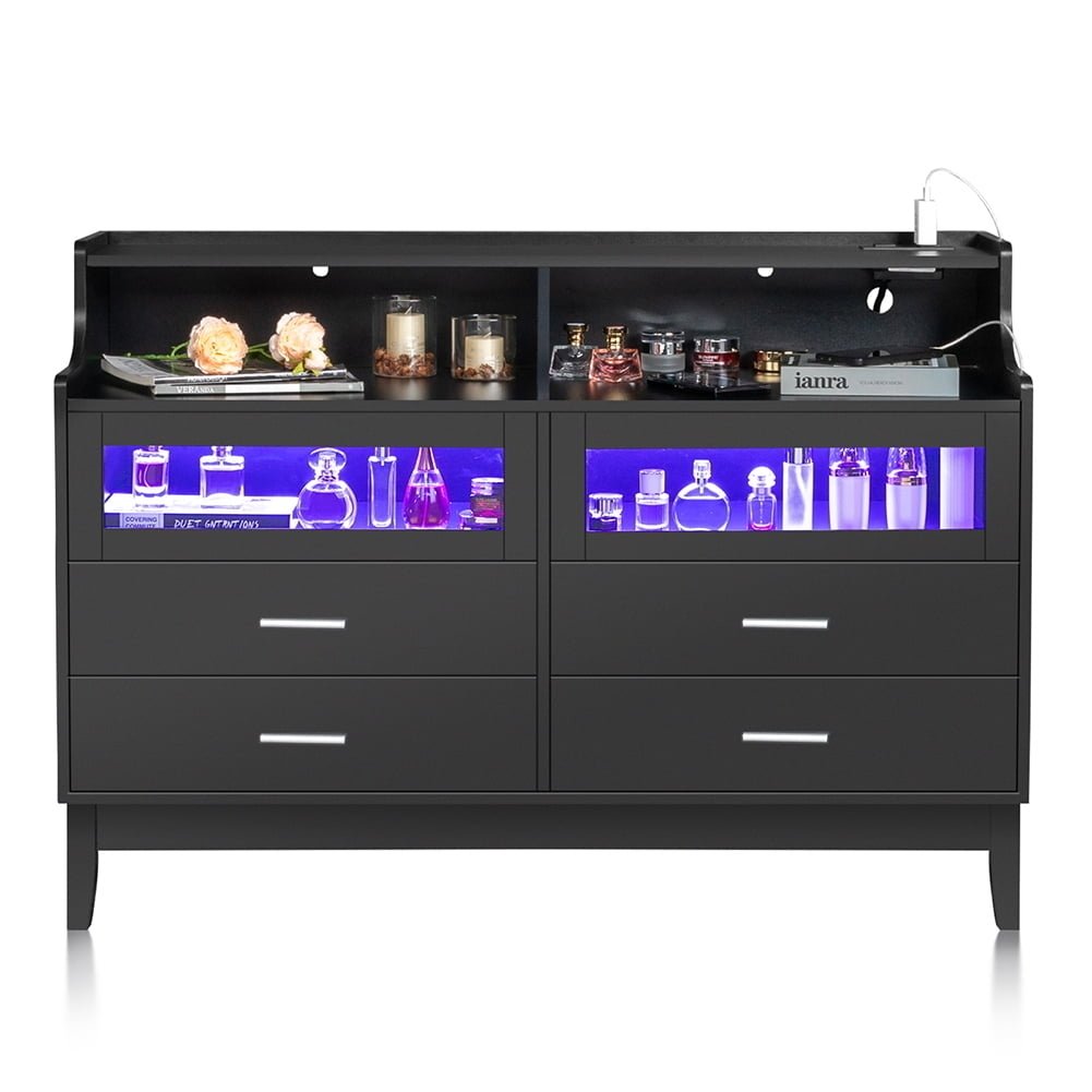 LED Light 6 Drawer Dresser Chest with Power OutletandClear Glass Drawer in Black Image 7