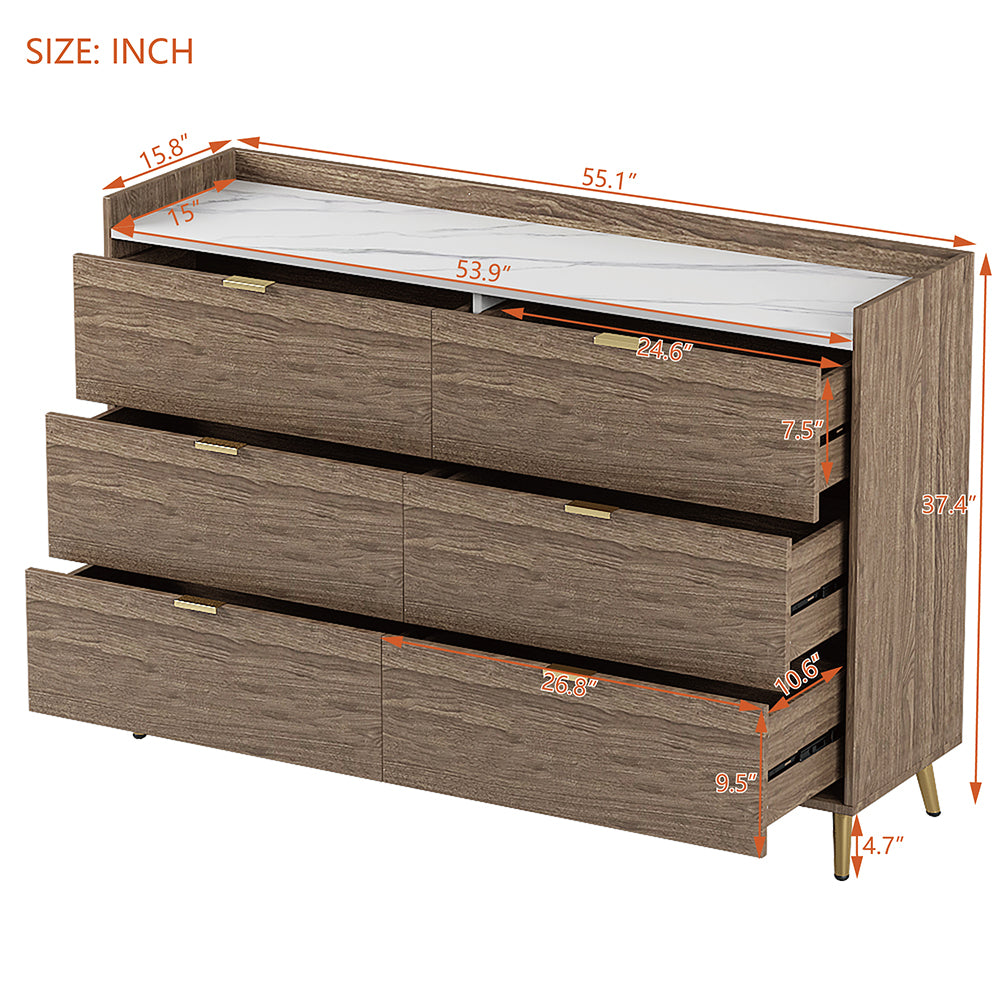 Hommoo Walnut 6-Drawer Dresser, MDF+Metal, Ideal for Storage of Daily Supplies in Contemporary Bedrooms Image 3