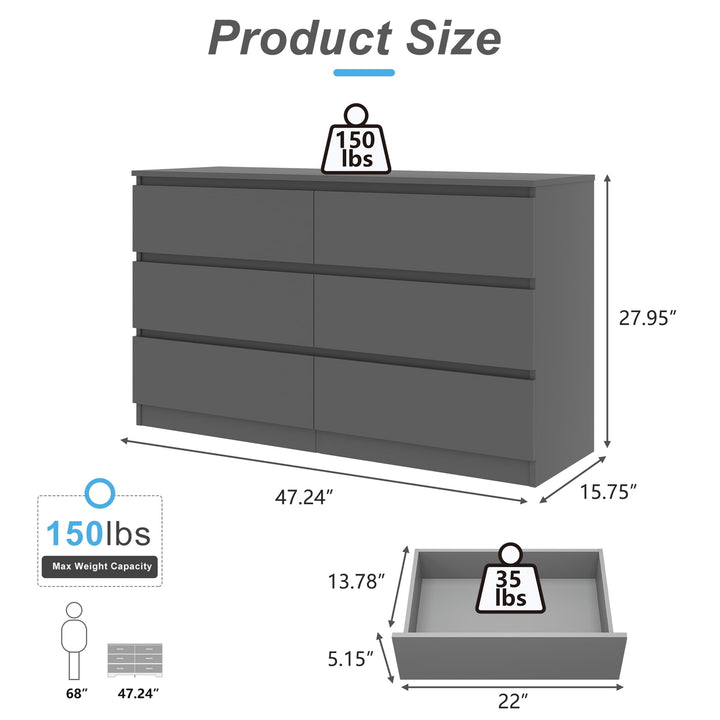 Hommoo Storage Dresser Furniture Unit, 6 Drawer Tall Standing Organizer for Bedroom, Closet - Grey Image 4