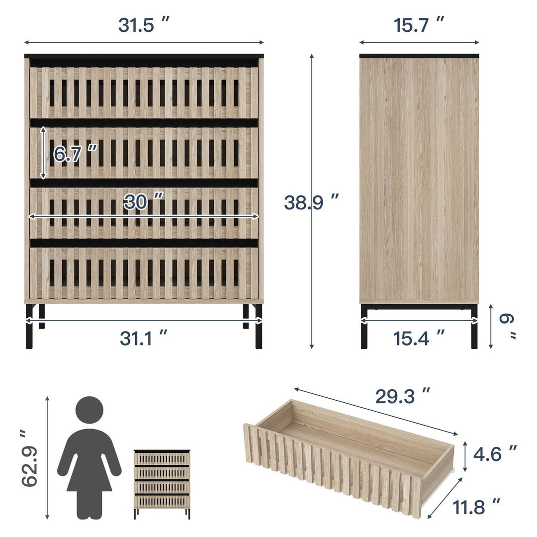 Hommoo Rustic Boho Wood Dresser for Bedroom with 4 Drawers, Hollow Design Storage Organizer Bedroom Furniture, Natural Image 6