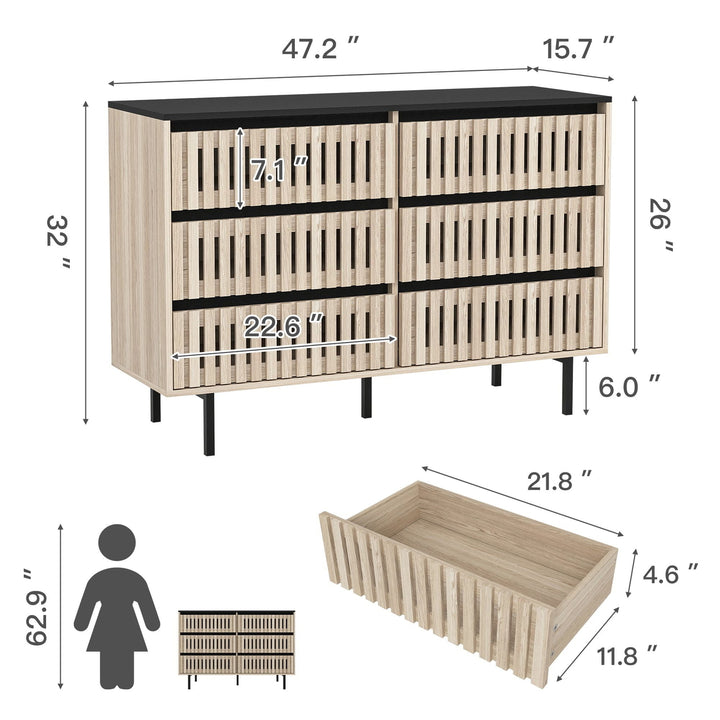 Hommoo Rustic Boho Wood Dresser for Bedroom with 6 Drawers, Hollow Design Storage Organizer Bedroom Furniture, Natural Image 7