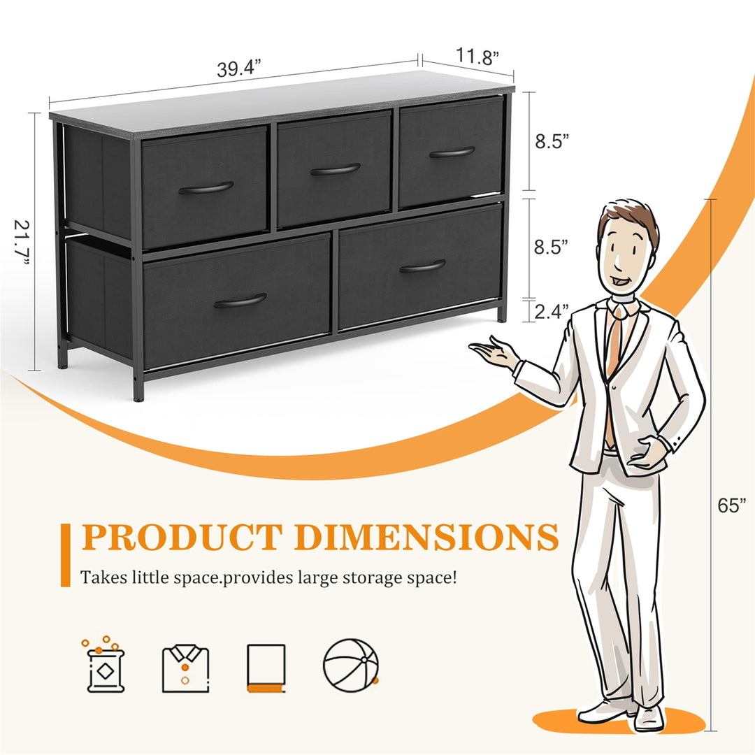 Hommoo 5 Drawer Dresser Fabric Storage Tower, Organizer Unit for Bedroom, Sturdy Steel Frame, Wooden Top Black Image 2