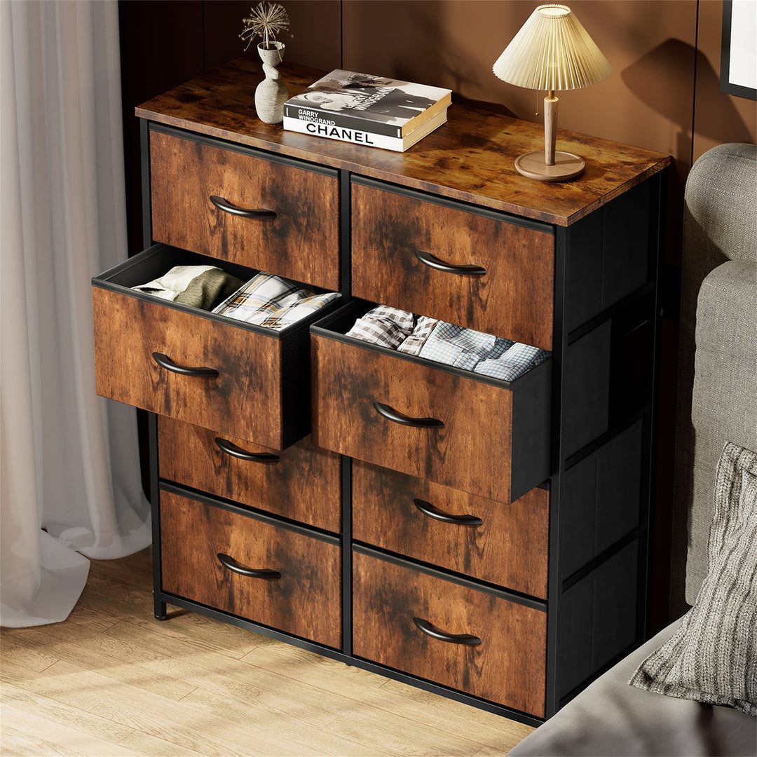 Hommoo 8 Drawer Dresser Fabric Storage Tower, Chest of Drawers for Bedroom, Sturdy Steel Frame, Wooden Top Brown Image 1