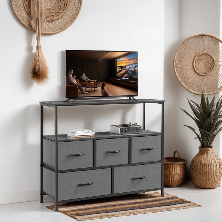 Hommoo TV Stand for Bedroom with Drawers,Entertainment Center with Open Display Metal Shelf 5 Fabric Storage Dresser Image 1