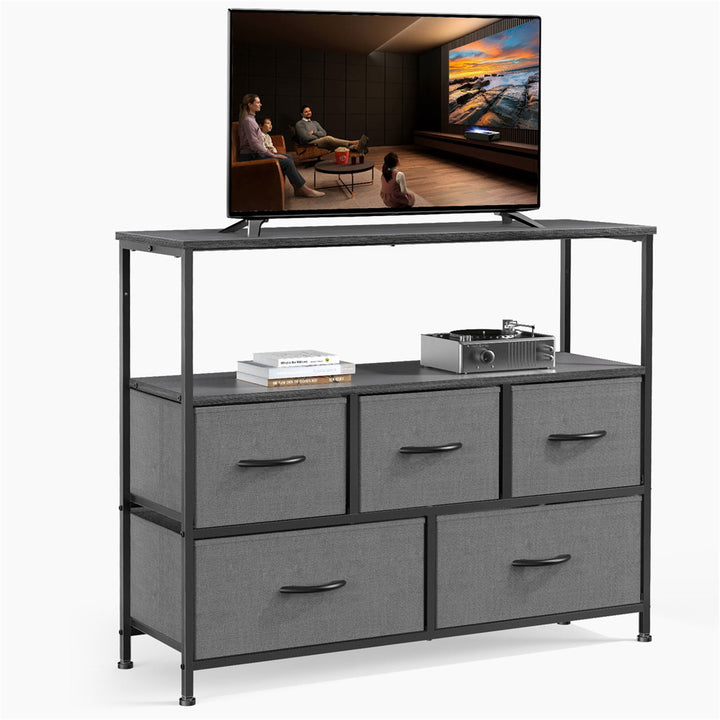 Hommoo TV Stand for Bedroom with Drawers,Entertainment Center with Open Display Metal Shelf 5 Fabric Storage Dresser Image 2