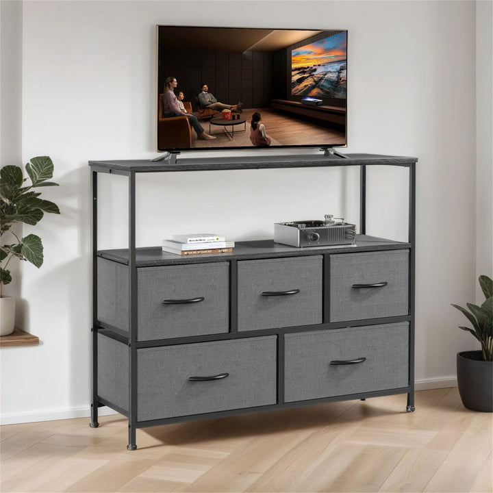 Hommoo TV Stand for Bedroom with Drawers,Entertainment Center with Open Display Metal Shelf 5 Fabric Storage Dresser Image 3