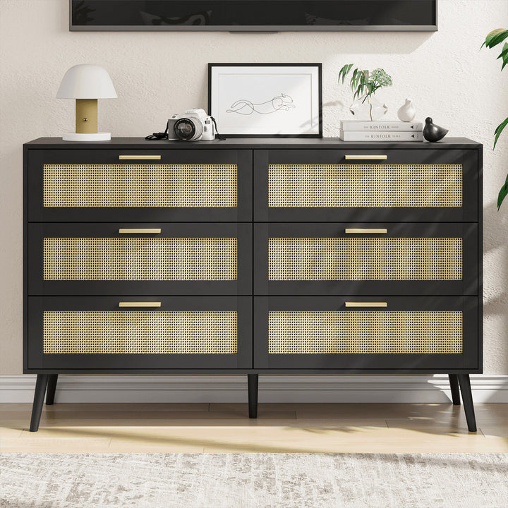 Hommoo Modern 6 Wide Drawer Long Dresser Chest of Drawers Wooden Dresser for Bedroom Black Image 1