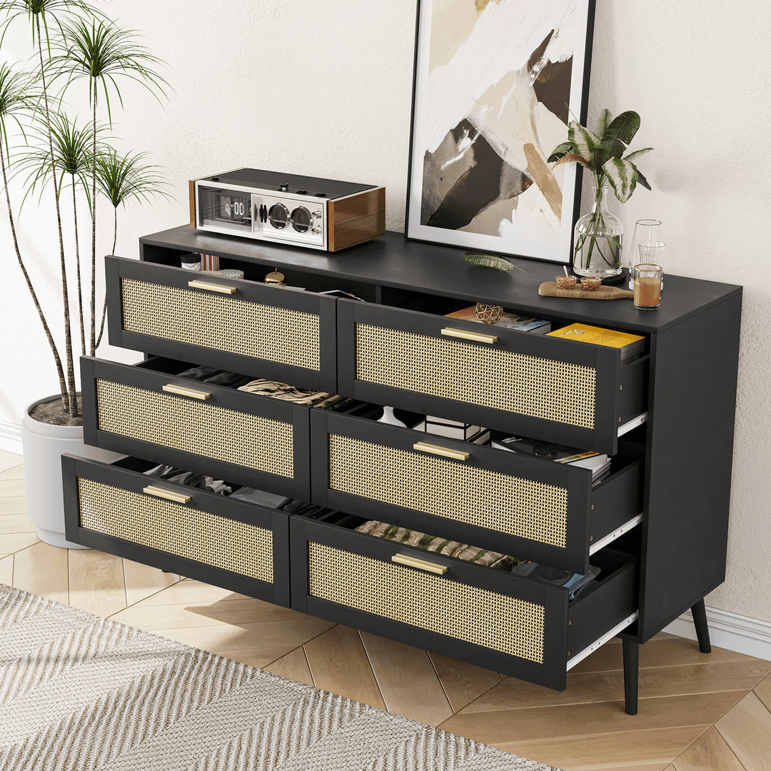 Hommoo Modern 6 Wide Drawer Long Dresser Chest of Drawers Wooden Dresser for Bedroom Black Image 4