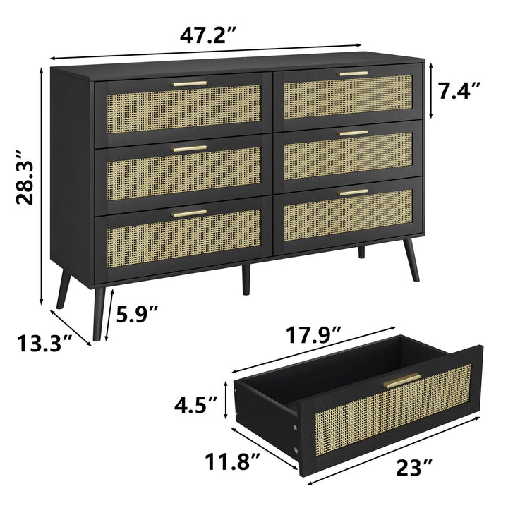 Hommoo Modern 6 Wide Drawer Long Dresser Chest of Drawers Wooden Dresser for Bedroom Black Image 6