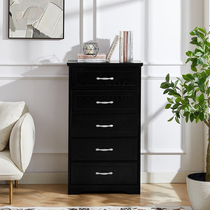 Wood Vertical Chest of Drawers for Bedroom, Modern Tall White 6 Drawer Dresser Black Image 1