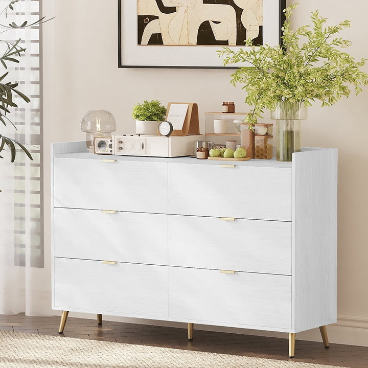 Marbling Worktop 6 Drawer Dresser with Metal Leg and Handle for Bedroom, White Image 1