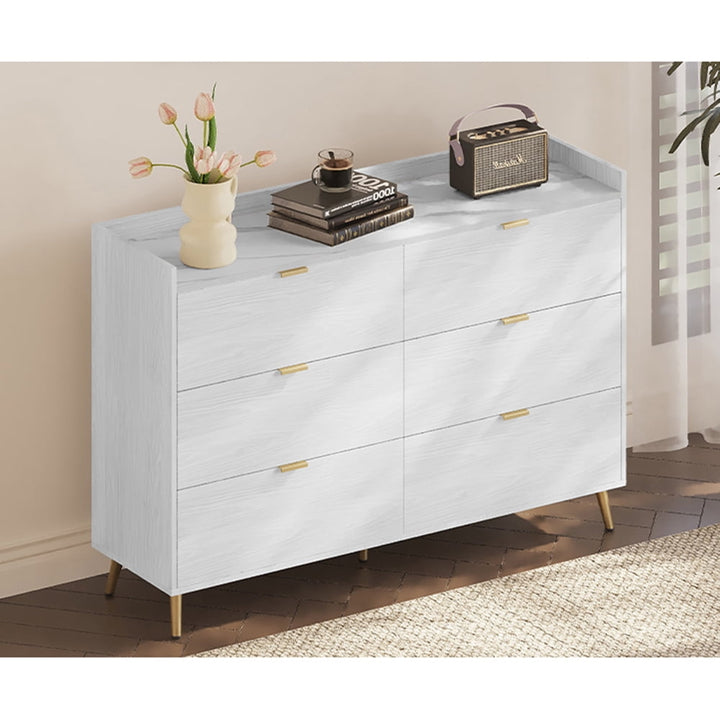 Marbling Worktop 6 Drawer Dresser with Metal Leg and Handle for Bedroom, White Image 2