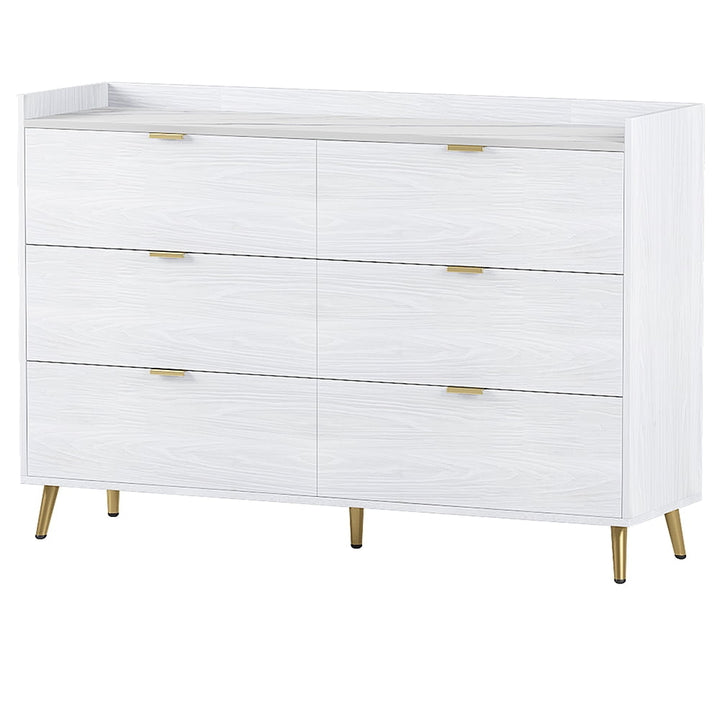 Marbling Worktop 6 Drawer Dresser with Metal Leg and Handle for Bedroom, White Image 3