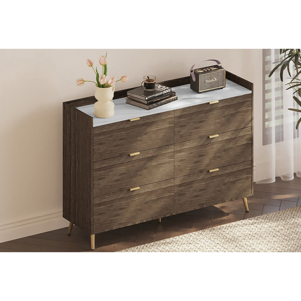 Marbling Worktop 6 Drawer Dresser with Metal Leg and Handle for Bedroom, Brown Image 2