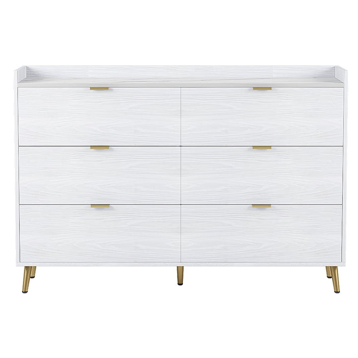 Marbling Worktop 6 Drawer Dresser with Metal Leg and Handle for Bedroom, White Image 6