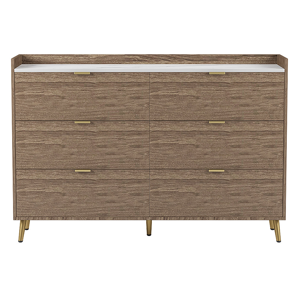 Marbling Worktop 6 Drawer Dresser with Metal Leg and Handle for Bedroom, Brown Image 7