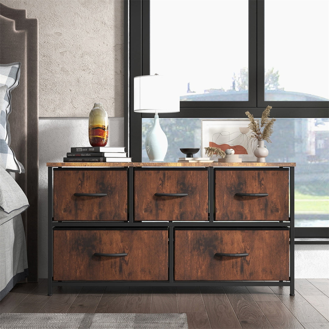 Hommoo 5-Drawer Bedroom Dresser: Spacious Chest with Storage Tower, Furniture Organizer Unit for Bedroom, Brown Image 1