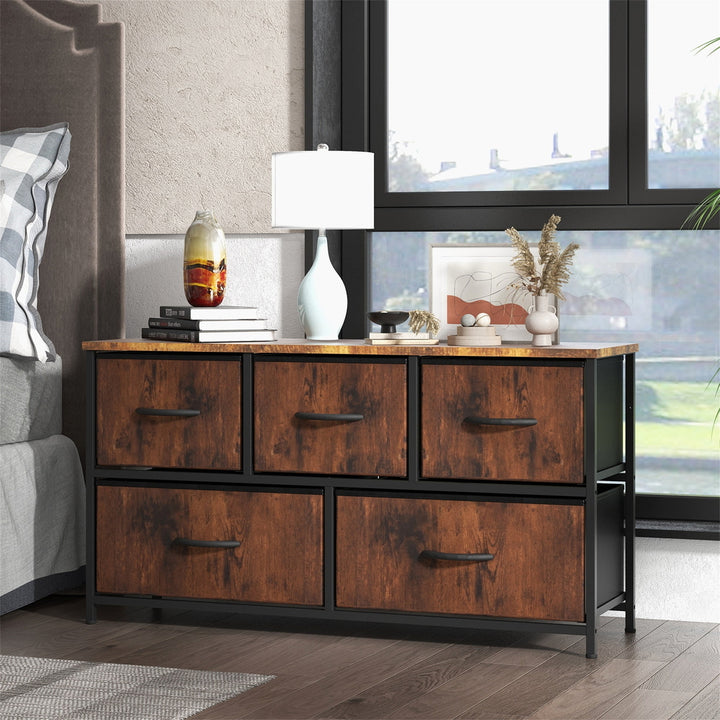 Hommoo 5-Drawer Bedroom Dresser: Spacious Chest with Storage Tower, Furniture Organizer Unit for Bedroom, Brown Image 3